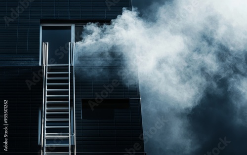 A fire escape ladder on the side of a building, with smoke pouring out of the windows. photo