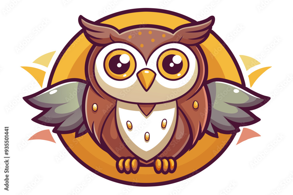 Fototapeta premium Cute Cartoon Owl with Large Eyes and Spread Wings