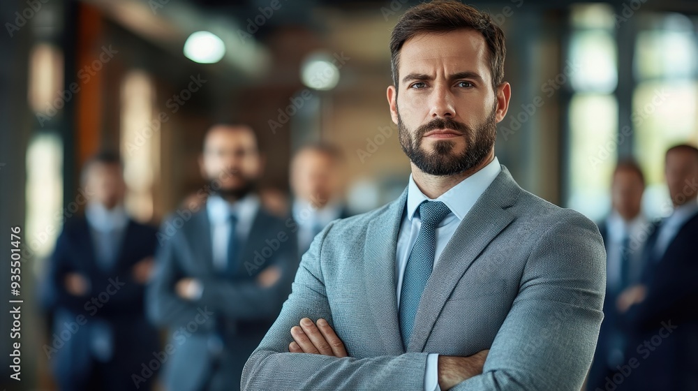 Confident Businessman in Modern Office Setting with Colleagues in Background Confident Businessman in Modern Office Setting with Colleagues in Background