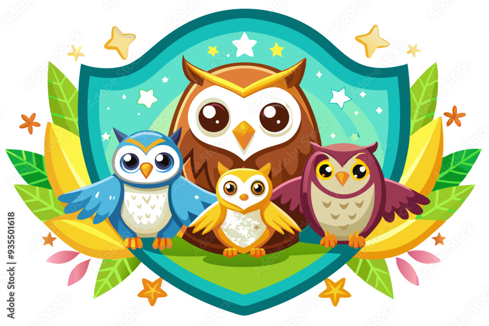 Obraz premium Four Owls on a Green Shield Surrounded by Leaves and Stars