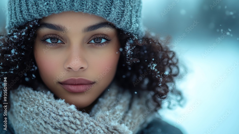 Elegant Winter Fashion: Stylish Model in Coat, Scarf, and Hat Against Snowy Landscape Elegant Winter Fashion: Stylish Model in Coat, Scarf, and Hat Against Snowy Landscape
