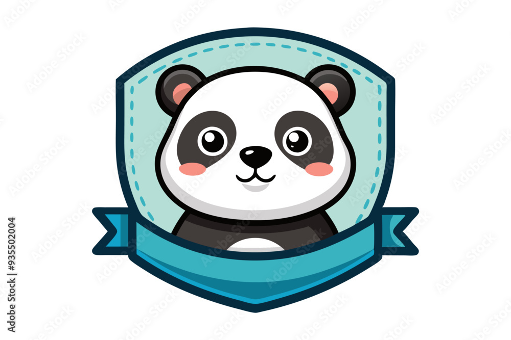 Fototapeta premium Cute Panda Bear in a Blue Shield with a Ribbon