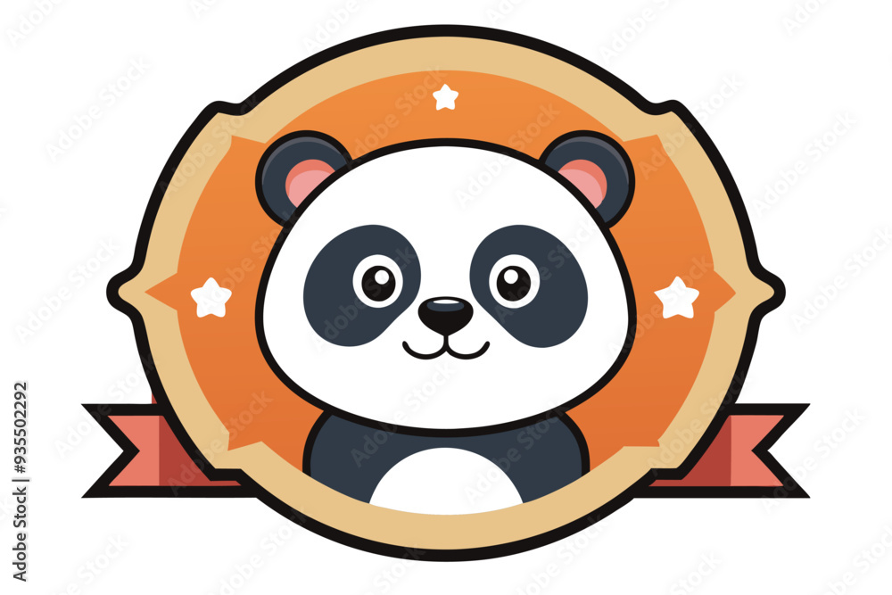 Naklejka premium Cartoon Panda Bear in an Oval Frame with Stars and a Ribbon