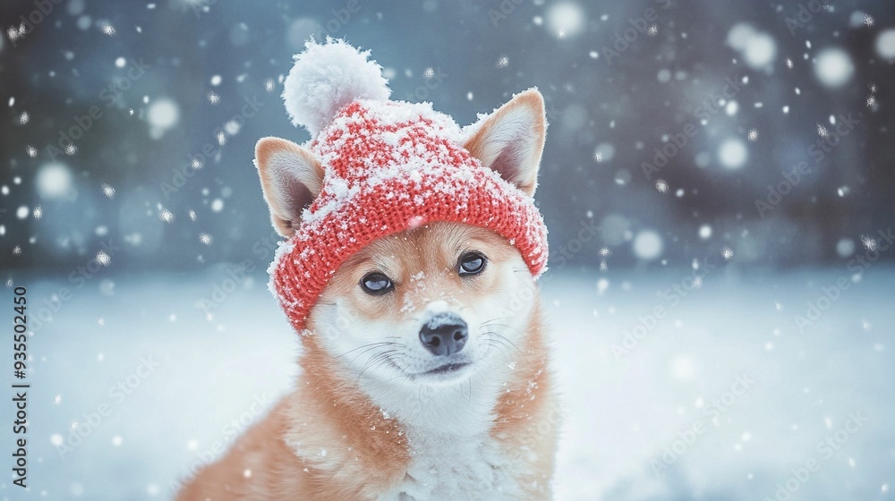 horizontal image, little puppy wearing a hat on a winter background. Travel with your pet concept. For new year, banner, design, LinkedIn, social media, blog, youtube, cover, etsy, thumbnail, business horizontal image, little puppy wearing a hat on a winter background. Travel with your pet concept. For new year, banner, design, LinkedIn, social media, blog, youtube, cover, etsy, thumbnail, business