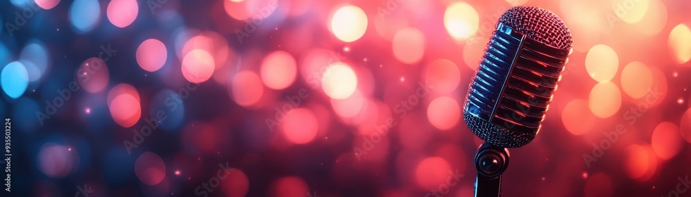 Fototapeta premium Retro Microphone on Stage with Colorful Bokeh Lights in Background