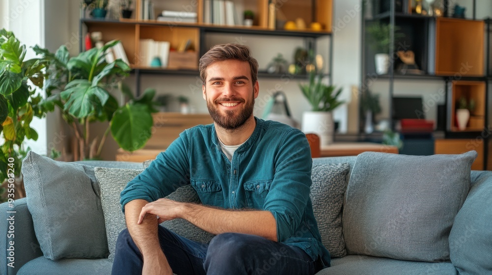 A man sitting on a couch smiling at the camera, AI A man sitting on a couch smiling at the camera, AI