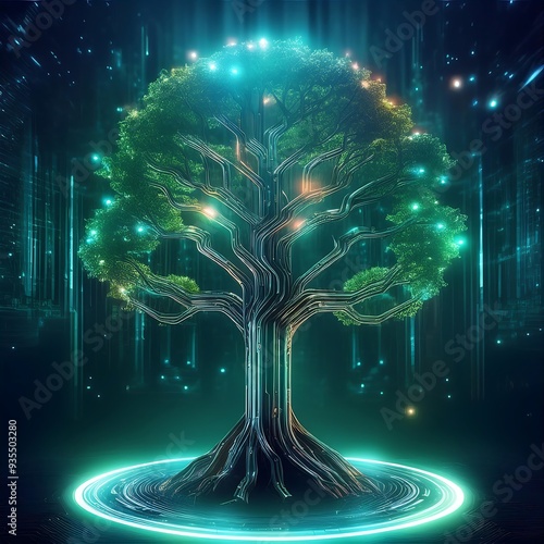 Serene Forest Tree With Glowing Artificial Circuits Illustration