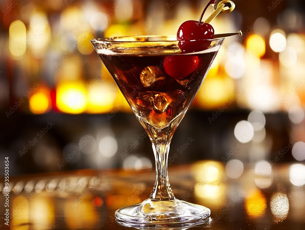 An elegant classic cocktail with a cherry garnish in a martini glass. An elegant classic cocktail with a cherry garnish in a martini glass.