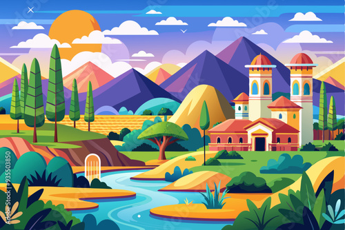 Idyllic Mountain Valley with Stream and Building