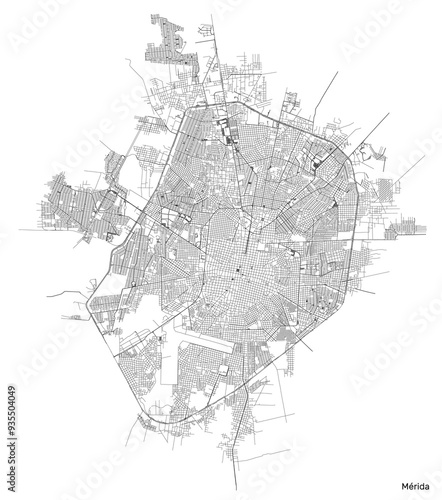 Merida city map with roads and streets, Mexico. Vector outline illustration.