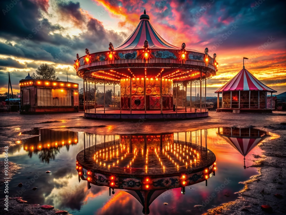 Obraz premium eerie abandoned neon lit carnival at dusk with distorted funhouse mirrors reflecting eerie silhouettes