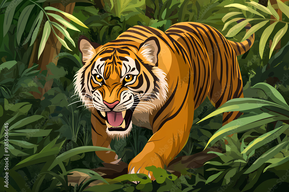 tiger rampaging in the jungle, cartoon style, vector tiger rampaging in the jungle, cartoon style, vector