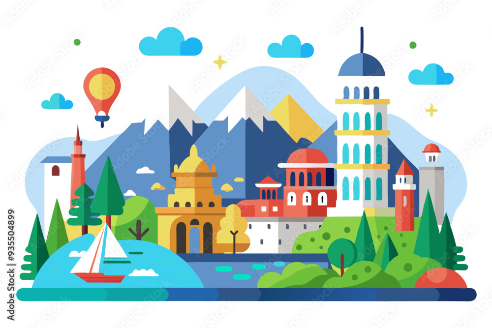 Fototapeta premium A Colorful Cityscape with Mountainous Background and Sailboat