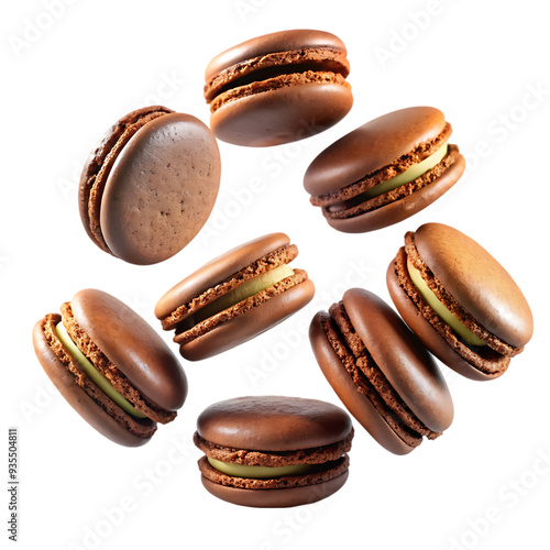 Wallpaper Mural Chocolate Glaze Macarons Levitating Isolated on White Background Ideal for Gourmet and Dessert Illustrations Torontodigital.ca