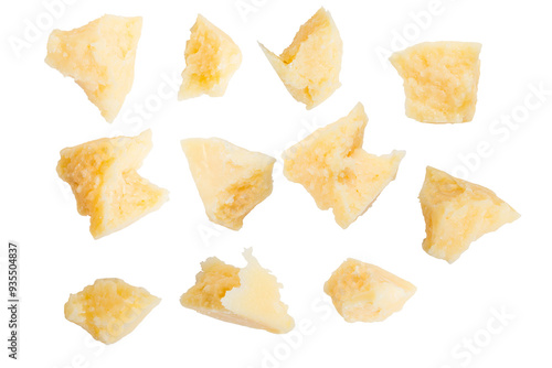 Bild auf Leinwand Pieces of parmesan cheese on a blank background. Set