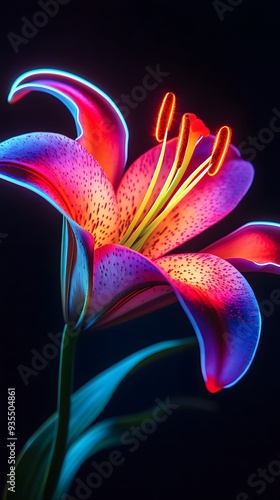  Bright Neon Lily Flower with Halo Effect on Black Background photo