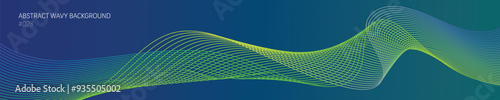 Abstract green yellow wavy lines flowing on a blue gradient background for movement and energy design concept