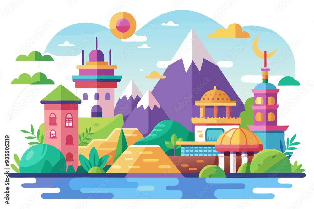 A Vibrant Cityscape with Mountainous Backdrop and a River in the Foreground A Vibrant Cityscape with Mountainous Backdrop and a River in the Foreground