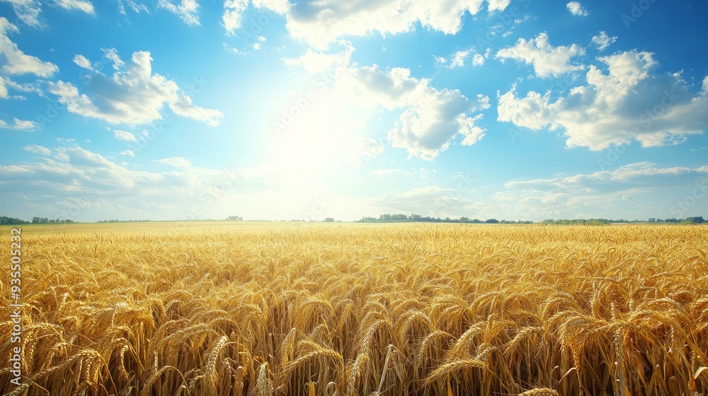 Naklejka premium Endless golden wheat sea sways gently under summer sun, promising bountiful harvest.