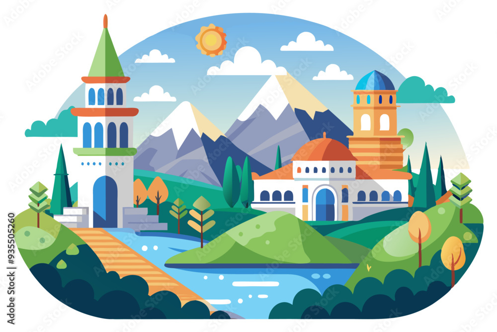 Picturesque Landscape with Buildings, Mountains, and River Picturesque Landscape with Buildings, Mountains, and River