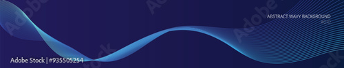 Abstract long horizontal background with smooth wavy blue lines flowing on a dark blank space