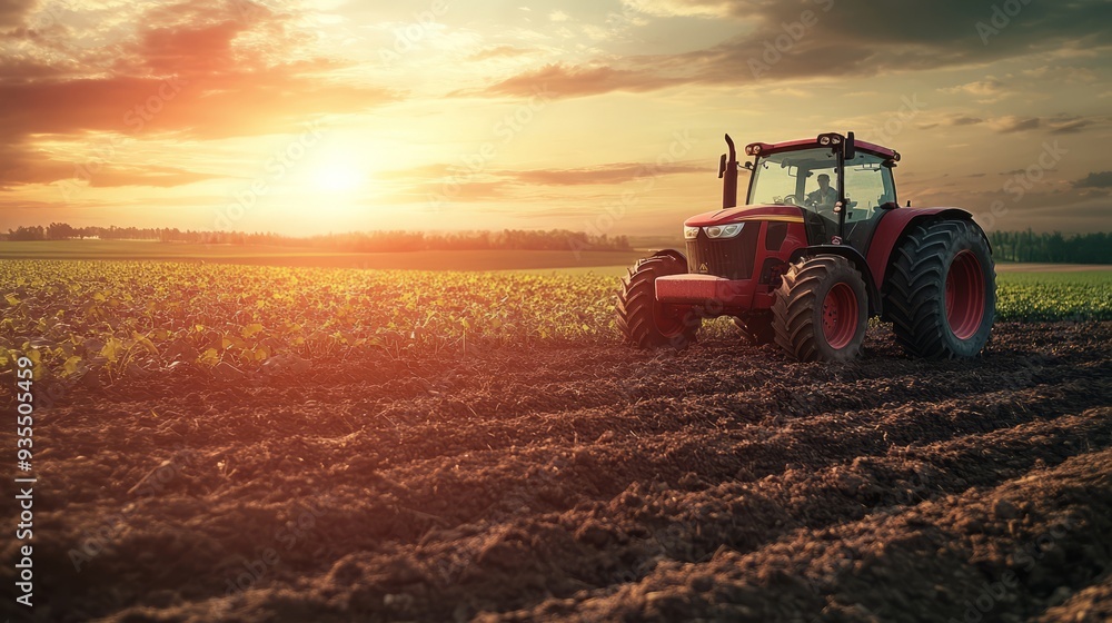 Fototapeta premium At sunset, a farmer with a tractor is driving through a field of wheat.