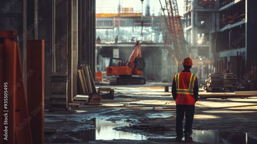 Construction Worker Stands in the Midst of an Urban Construction Site Construction Worker Stands in the Midst of an Urban Construction Site