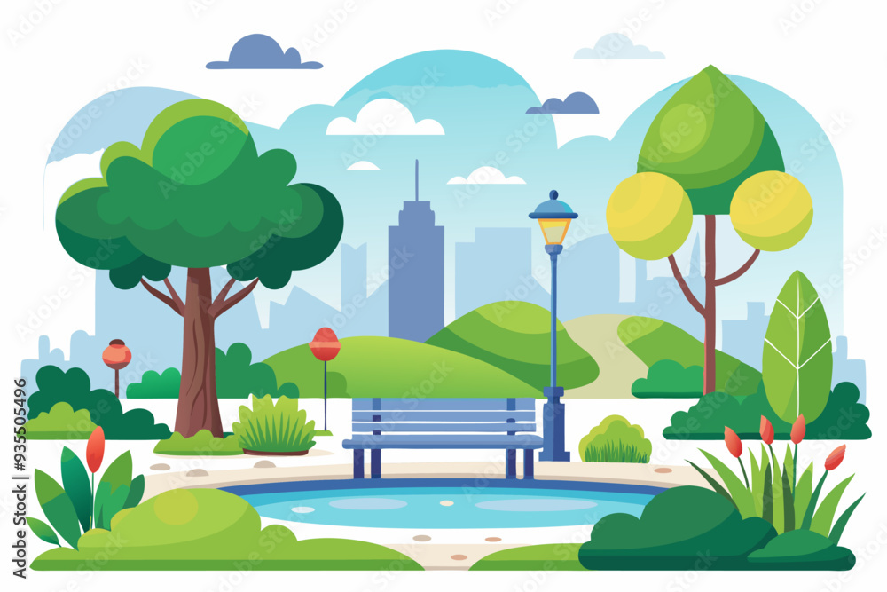 Fototapeta premium Urban Park with Bench, Pond, and Lamppost