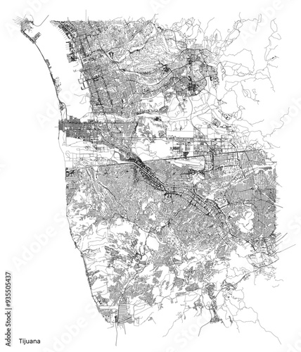 Tijuana city map with roads and streets, Mexico. Vector outline illustration.