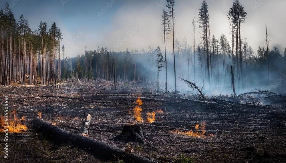 forest after cutting down trees and destroying them; fire disaster forest after cutting down trees and destroying them; fire disaster