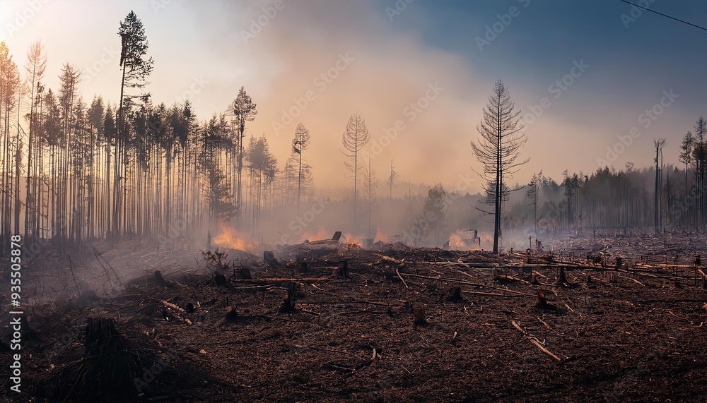forest after cutting down trees and destroying them; fire disaster
