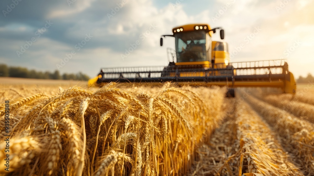 Fototapeta premium At sunset, a farmer with a tractor is driving through a field of wheat.