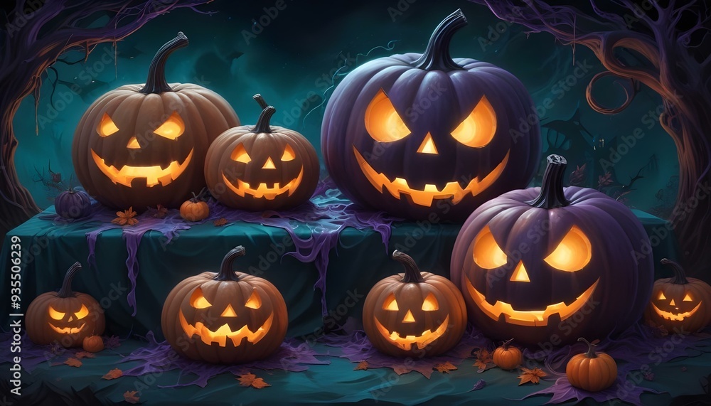 background halloween, pumpkins lanterns glowing in a spooky, web-filled Halloween scene background halloween, pumpkins lanterns glowing in a spooky, web-filled Halloween scene