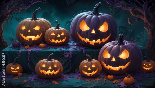 background halloween, pumpkins lanterns glowing in a spooky, web-filled Halloween scene