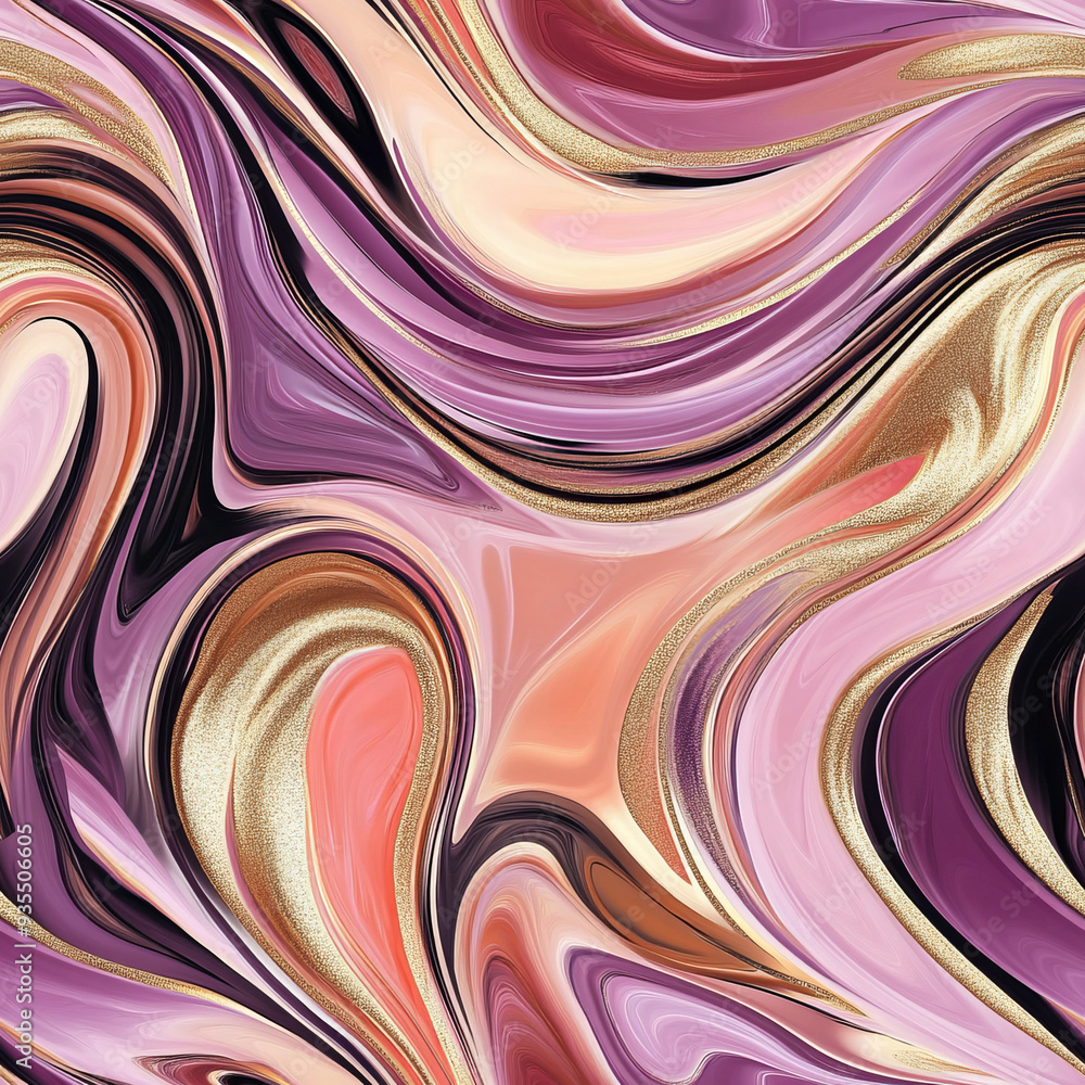 Seamless pattern. A modern abstract swirling pattern shades of rose, purple + gold with metallic sheen intricate curves elegant design luxury texture beautiful art waves silk fabric textile background Seamless pattern. A modern abstract swirling pattern shades of rose, purple + gold with metallic sheen intricate curves elegant design luxury texture beautiful art waves silk fabric textile background