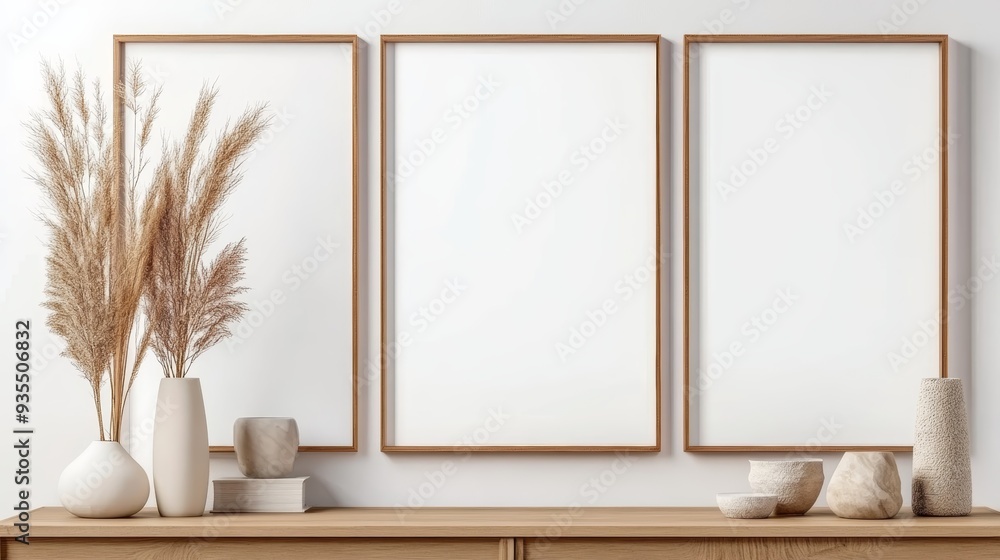 Minimalist decor featuring empty frames, vases, and dried plants, perfect for modern interior design inspiration. Minimalist decor featuring empty frames, vases, and dried plants, perfect for modern interior design inspiration.