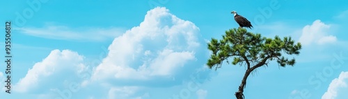 A Bald Eagle perched atop a tree with a vibrant blue sky and fluffy white clouds in the background.