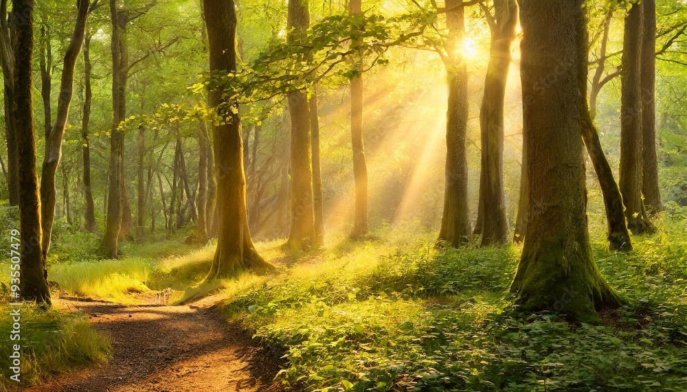 Fototapeta premium breathtaking image of a sun-drenched forest, showcasing the beauty of nature with its golden rays and vibrant greenery. A peaceful forest scene, perfect for relaxation, featuring sunlight streaming