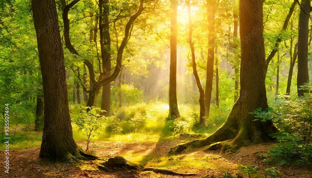 Naklejka premium breathtaking image of a sun-drenched forest, showcasing the beauty of nature with its golden rays and vibrant greenery. A peaceful forest scene, perfect for relaxation, featuring sunlight streaming