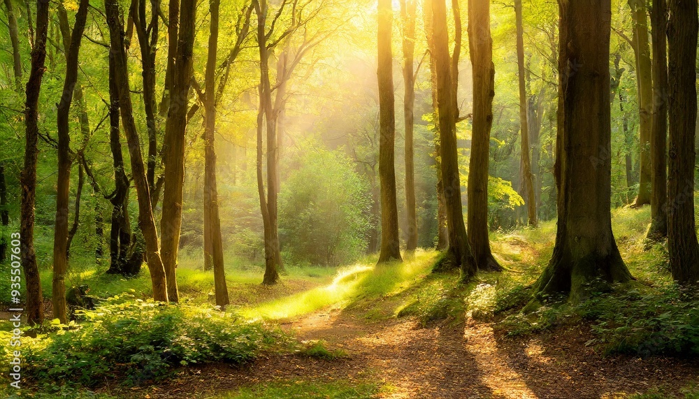 Fototapeta premium A tranquil woodland setting bathed in warm sunlight, with towering trees and a path winding through the lush undergrowth.