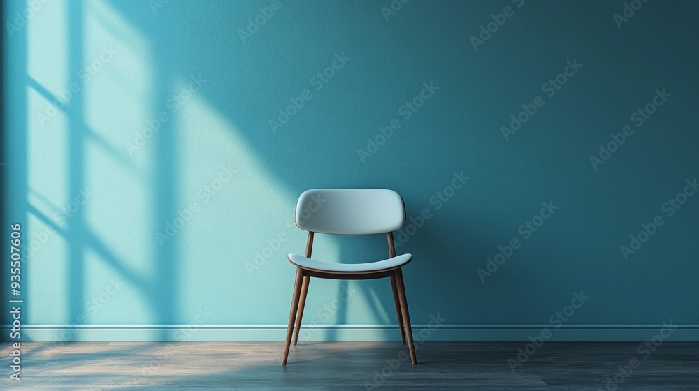 A white chair is sitting in front of a blue wall A white chair is sitting in front of a blue wall