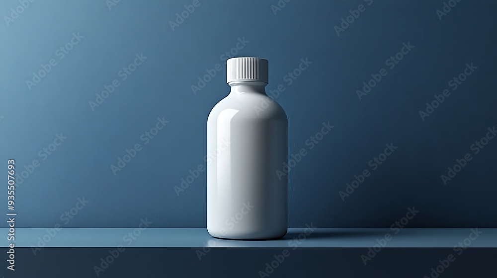 A white bottle is sitting on a shelf A white bottle is sitting on a shelf