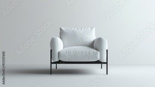 A white chair with a black frame sits in a white room