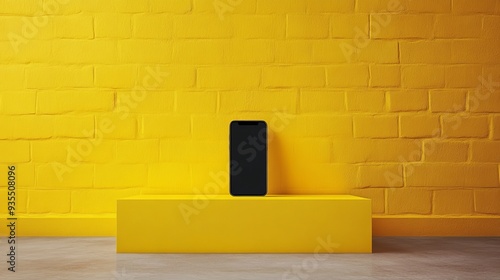 A black cell phone is sitting on a yellow pedestal photo