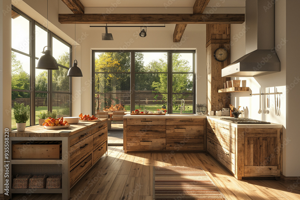 Obraz premium A contemporary prefabricated home with a welcoming interior, large windows, and wooden deck, set against a backdrop of lush greenery at dusk.