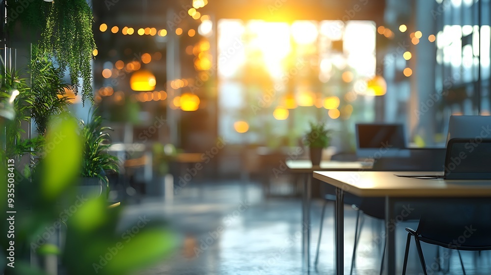 Modern open space business office interior without people with blurred bokeh light background tables chairs computers copy space green office concept : Generative AI Modern open space business office interior without people with blurred bokeh light background tables chairs computers copy space green office concept : Generative AI