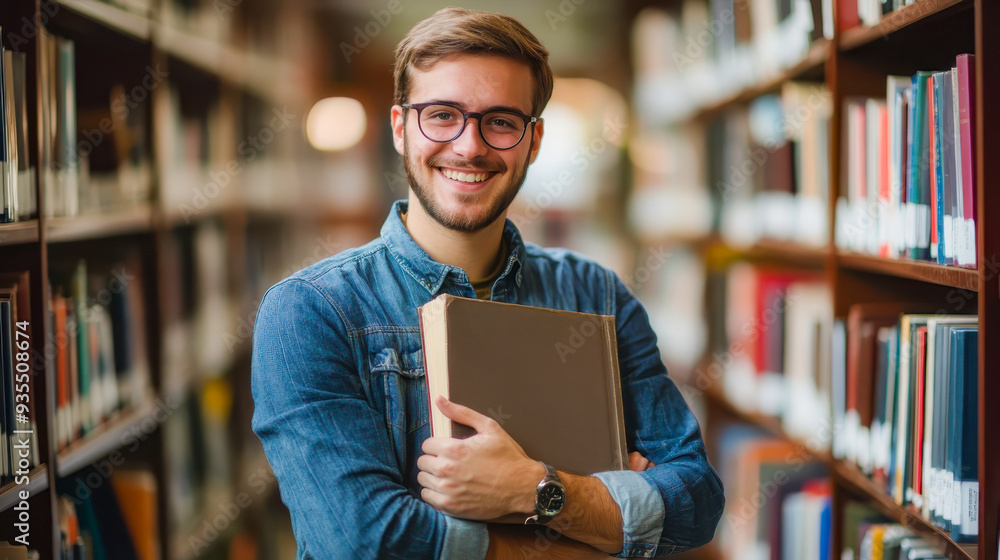 Smiling student guy posing in campus library. Higher institution learner, education, knowledge concept. Smiling student guy posing in campus library. Higher institution learner, education, knowledge concept.