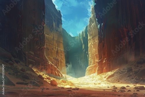 A vast canyon with towering cliffs and a bright blue sky photo