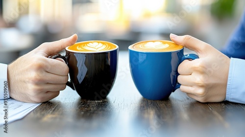 Two people enjoying coffee in stylish cups, creating a warm and inviting atmosphere for social interaction.