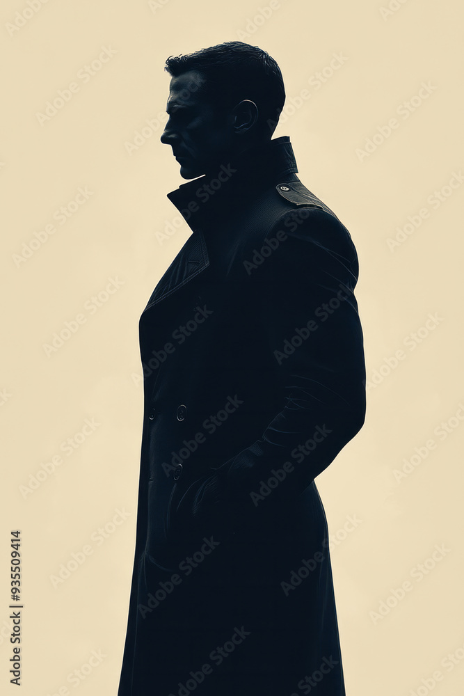 A shadowy figure in a trench coat, isolated on a pastel cream background, capturing the classic image of a spy, A shadowy figure in a trench coat, isolated on a pastel cream background, capturing the classic image of a spy,